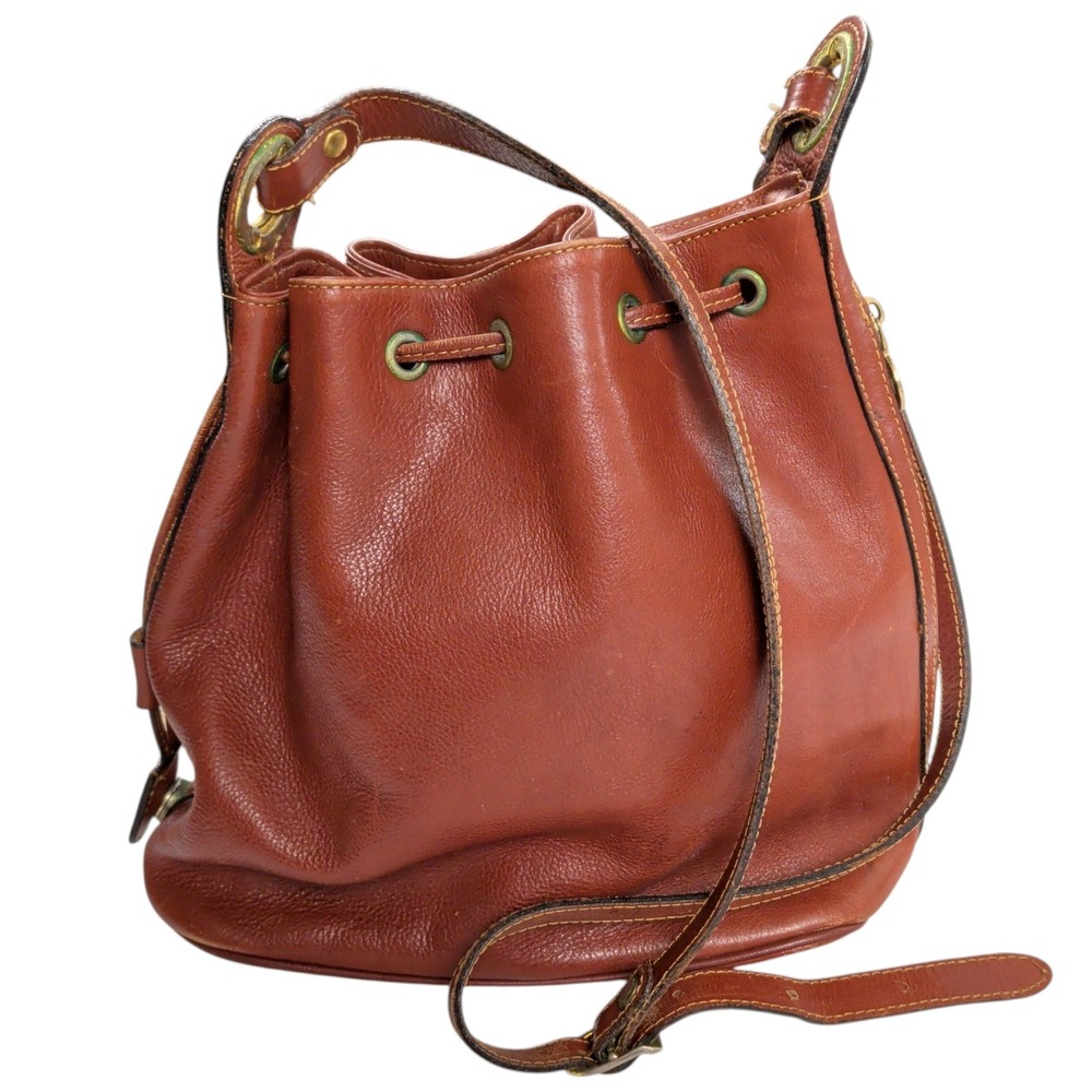 Katana Paris Vintage Brown Leather Drawstring Bucket Bag Crossbody Cognac Medium